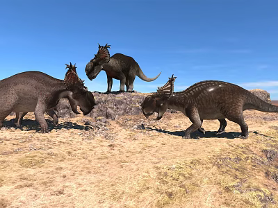 Large Ancient Reptiles Dinosaurs Walking On Dry Grassland Under Blue Sky 3d model
