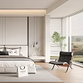 Modern Minimalist Bedroom Interior With Double Bed Wardrobe Desk And Decorative Rug