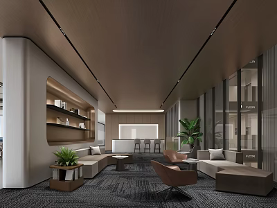 Modern Lounge Area Interior Design With Sofa Chair Plant Bookshelf And Large Windows 3d model