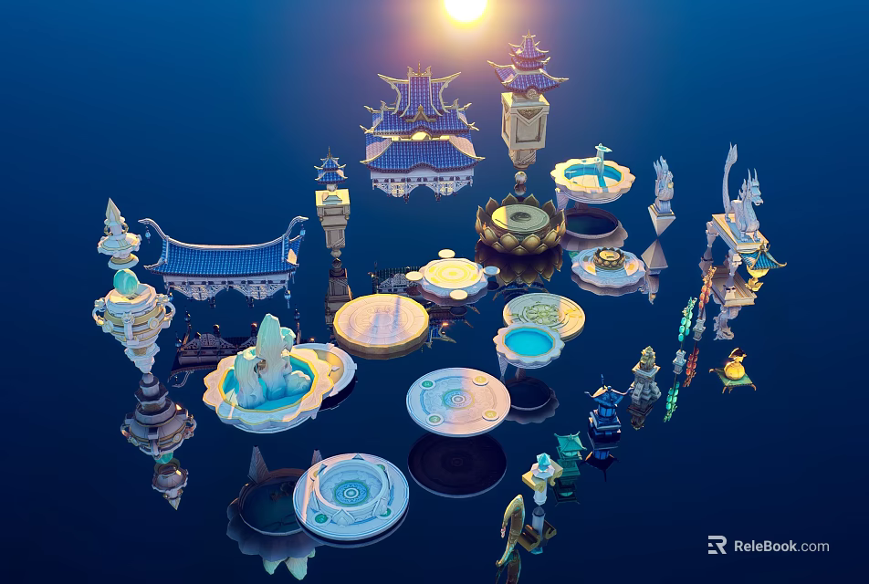 Chinese Architectural Models With Pavilions Towers Fountains Statues On Dark Blue Background Under Sun Light 3d model 