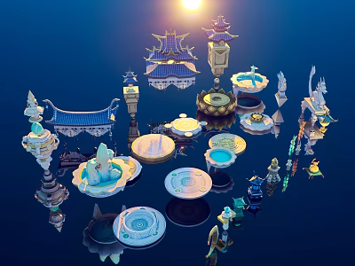 Chinese Architectural Models With Pavilions Towers Fountains Statues On Dark Blue Background Under Sun Light 3d model
