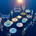 Chinese Architectural Models With Pavilions Towers Fountains Statues On Dark Blue Background Under Sun Light