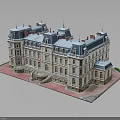 Detailed European Style Building Model With Blue Roof Steps And Red Base