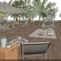 Relaxing Garden Landscape with Wooden Deck Outdoor Seating Palm Trees and Camper Van