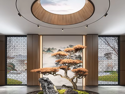 Garden Ornament with Bonsai Pine Stone and Landscape Painting Background Under Circular Skylight 3d model