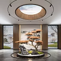 Garden Ornament with Bonsai Pine Stone and Landscape Painting Background Under Circular Skylight