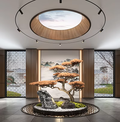 Garden Ornament with Bonsai Pine Stone and Landscape Painting Background Under Circular Skylight 3d model