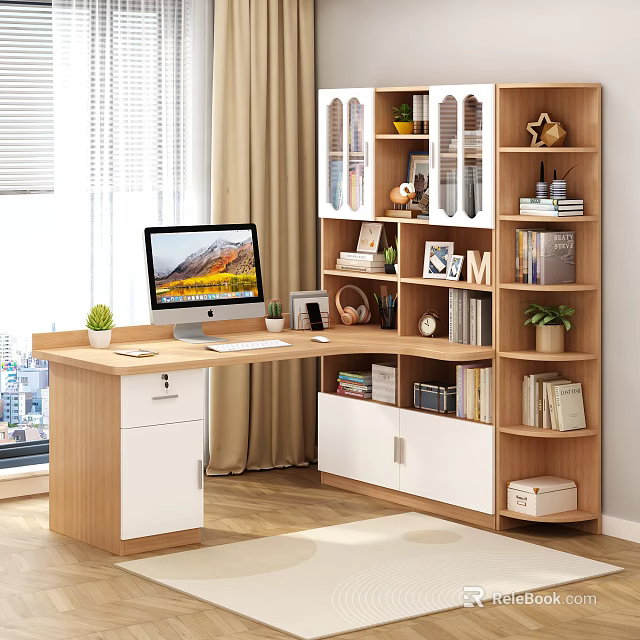 Wooden Bookcase with Desk Computer Books and Decorations in Modern Study Room 3d model 