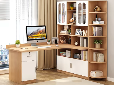 Wooden Bookcase with Desk Computer Books and Decorations in Modern Study Room 3d model