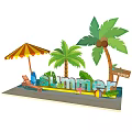 Vibrant Summer Beach Setup With Palm Trees Umbrella Chair Surfboard And Starfish