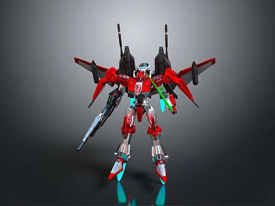 Red Robot Model With Mechanical Wings Weapon Silver Green And Blue Glowing Accents 3d model