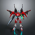 Red Robot Model With Mechanical Wings Weapon Silver Green And Blue Glowing Accents