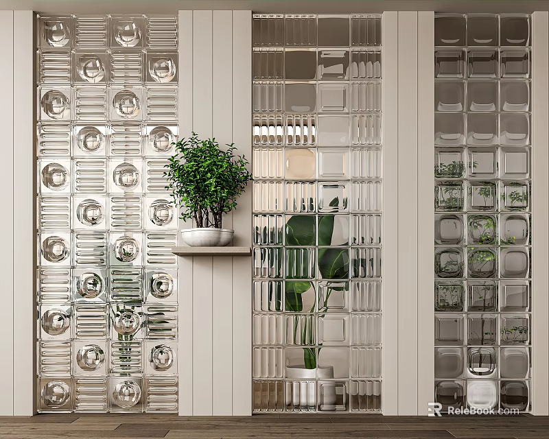 Indoor Glass Partition Design with Circular Pattern and Green Plant on White Shelf 3d model 
