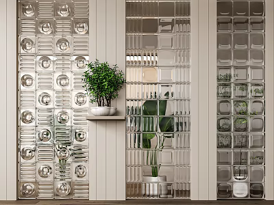 Indoor Glass Partition Design with Circular Pattern and Green Plant on White Shelf 3d model