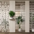Indoor Glass Partition Design with Circular Pattern and Green Plant on White Shelf