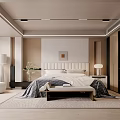 Modern Bedroom Interior With Upholstered Headboard Nightstand Lamp Area Rug Accent Chair And Wall Art