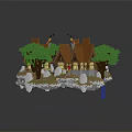Cartoon Lego Scene With Traditional Buildings Brown Roofs Green Trees White Statues And Courtyard