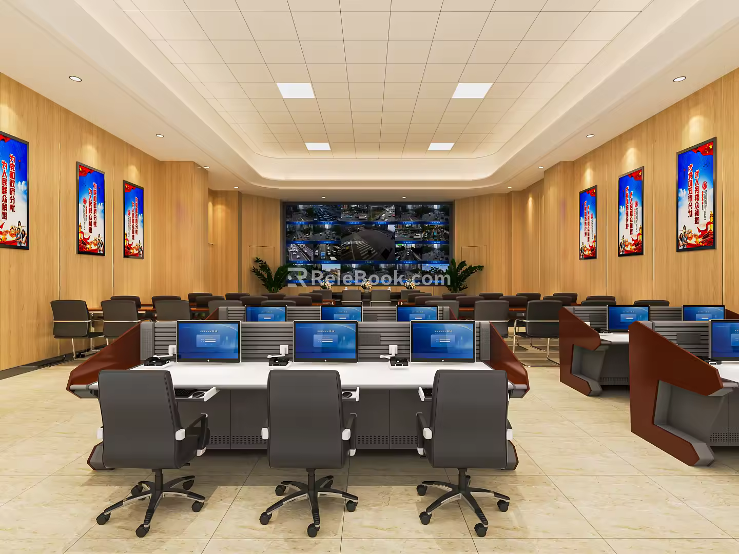 Modern monitoring room Command control room Dispatching command center Monitoring hall Command hall Office desks and chairs 3d model
