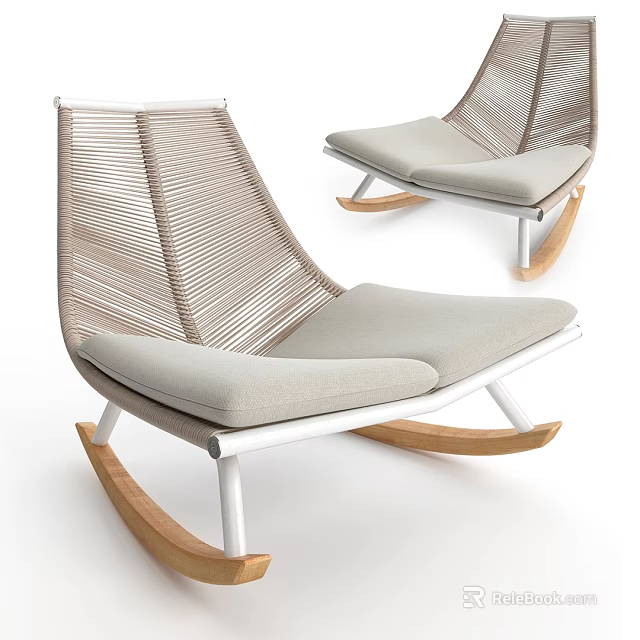 Comfortable Leisure Rocking Chair With Woven Backrest Light Gray Cushion And Wooden Rocking Legs 3d model 