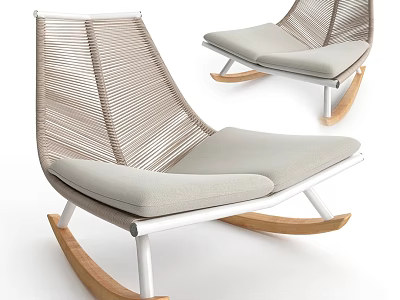 Comfortable Leisure Rocking Chair With Woven Backrest Light Gray Cushion And Wooden Rocking Legs 3d model