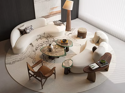 Modern Living Room With White Curved Sofa And Round Glass Coffee Table Set 3d model