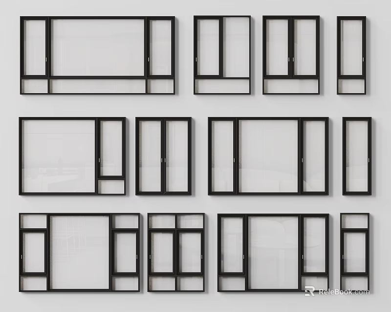 Various Modern Casement Windows With Black Frames Multiple Designs And Glass Panels 3d model