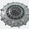 Futuristic Circular Metallic Platform With Central Antenna And Illuminated Mechanical Components