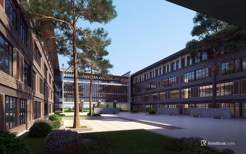 Modern School Building Exterior With Large Windows Trees Courtyard And Green Lawn 3d model 