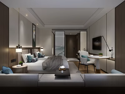 Modern Hotel Guest Room Interior With Comfortable Bed Seating Sofa And Flat Screen TV 3d model