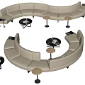Beige Curved Sofa and Round Coffee Table Combination with Marble Tops and Metal Legs