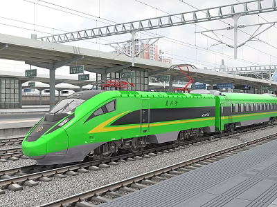 Green High Speed Train With Yellow Stripe At Modern Railway Platform 3d model