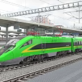 Green High Speed Train With Yellow Stripe At Modern Railway Platform