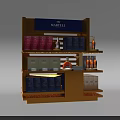 Golden Display Shelf With MARTELL Brand And Multiple Layers Of Various Bottles And Boxes