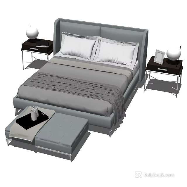 Modern Double Bed With Gray Headboard White Pillows Nightstands Table Lamps And Ottoman 3d model 