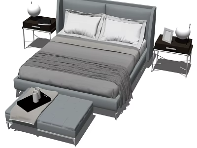 Modern Double Bed With Gray Headboard White Pillows Nightstands Table Lamps And Ottoman 3d model
