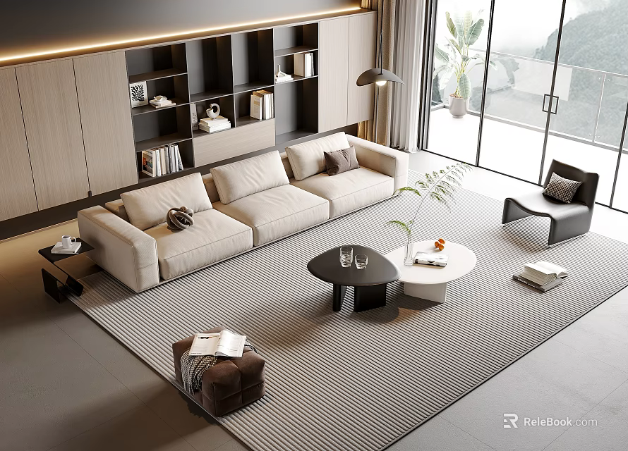Modern Beige Sofa And Coffee Table Set With Striped Rug And Floor To Ceiling Windows 3d model 