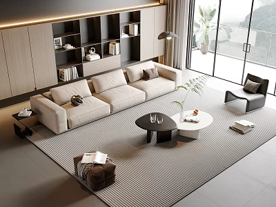Modern Beige Sofa And Coffee Table Set With Striped Rug And Floor To Ceiling Windows 3d model