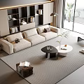 Modern Beige Sofa And Coffee Table Set With Striped Rug And Floor To Ceiling Windows