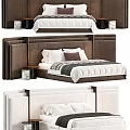 Modern Upholstered Double Bed With Brown And White Headboard And Nightstands 3d model
