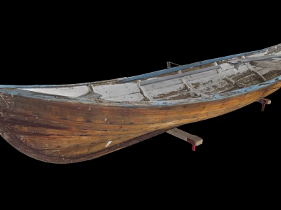 Vintage Wooden Boat With Weathered Hull And Wooden Planks Displayed On Stand 3d model