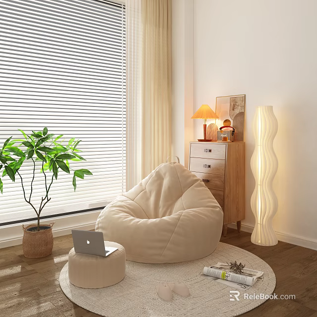 Cozy Casual Sofa Set with Bean Bag Sofa Potted Plant Table Lamp and Window Blinds 3d model 