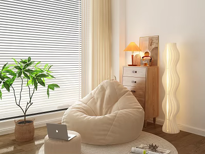 Cozy Casual Sofa Set with Bean Bag Sofa Potted Plant Table Lamp and Window Blinds 3d model
