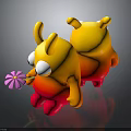 Two Yellow Red Gradient Cartoon Creatures With Antennae One Holding Pink Flower On Dark Background