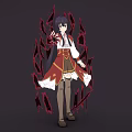 Young Woman With Purple Long Hair In Red Outfit Surrounded By Red Flames Holding Flower