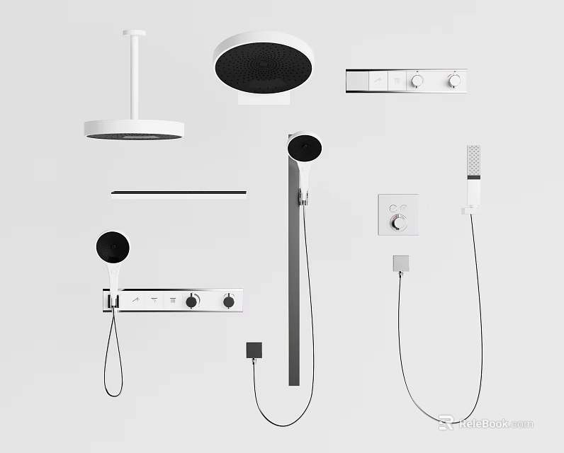 Modern Shower System Featuring Rain Head Handheld Unit And Control Knobs 3d model