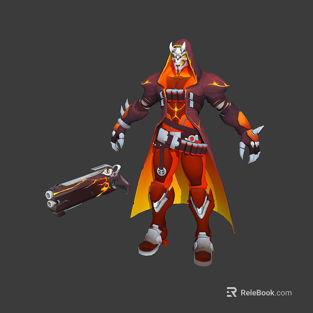 Fantasy Character With Red Armor Yellow Cape Flame Elements Holding Weapon 3d model 