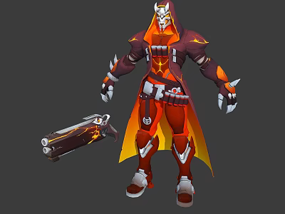 Fantasy Character With Red Armor Yellow Cape Flame Elements Holding Weapon 3d model