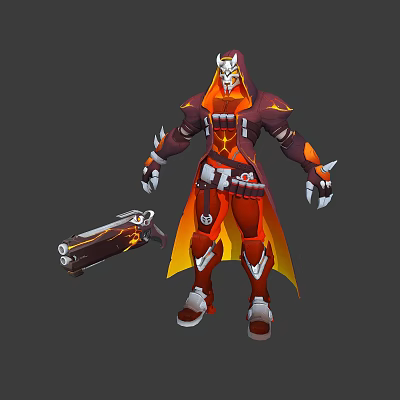 Fantasy Character With Red Armor Yellow Cape Flame Elements Holding Weapon 3d model