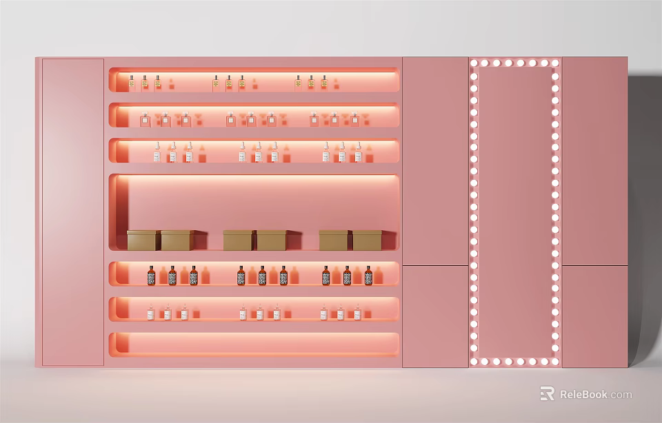 Elegant Pink Display Shelves With LED Strip Lights And Organized Products 3d model 