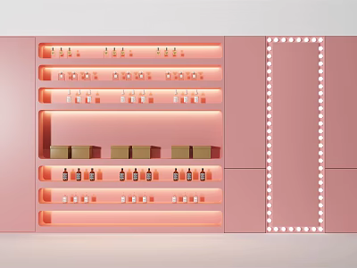 Elegant Pink Display Shelves With LED Strip Lights And Organized Products 3d model